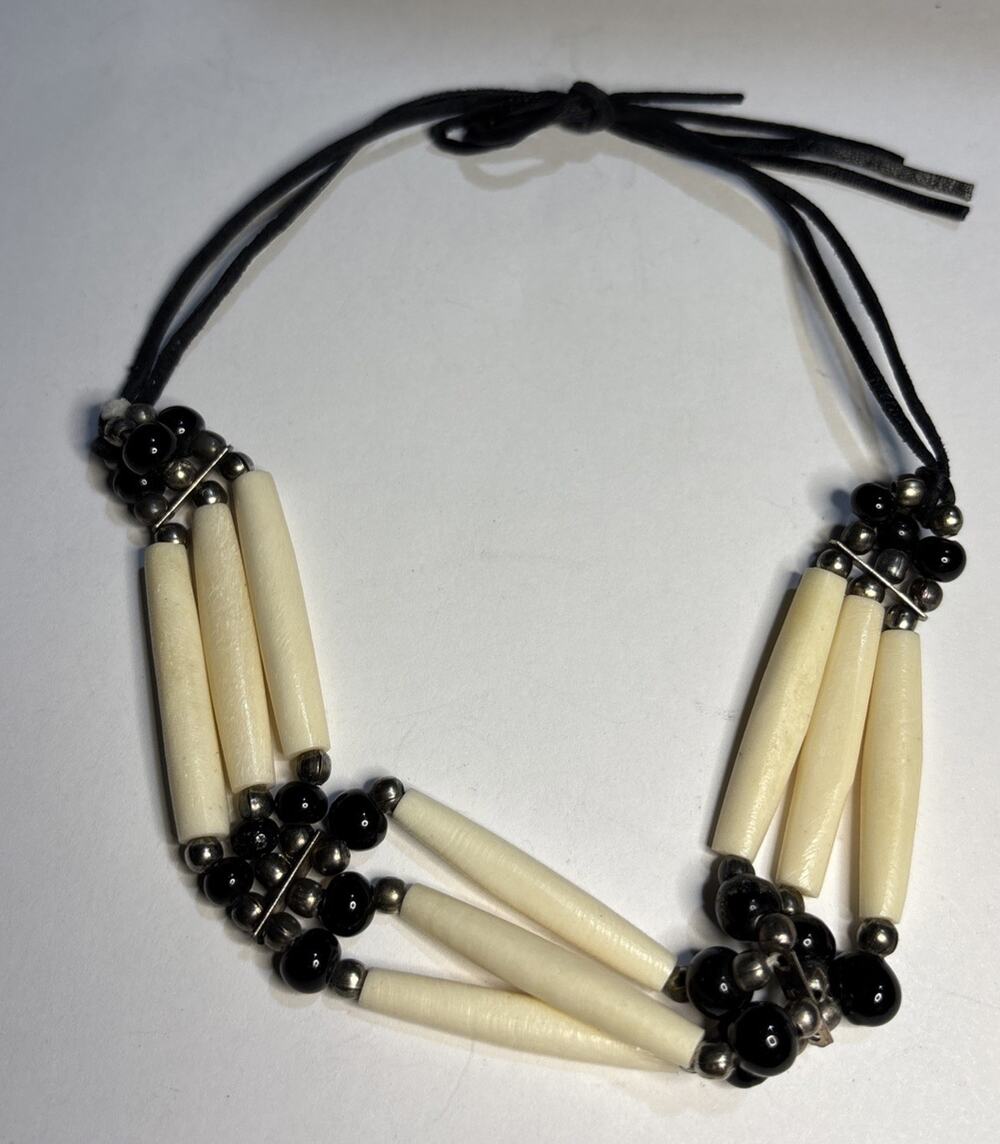 Handmade Tribal Style Multi Strand Necklace Bone Look Black Beads Leather Tie